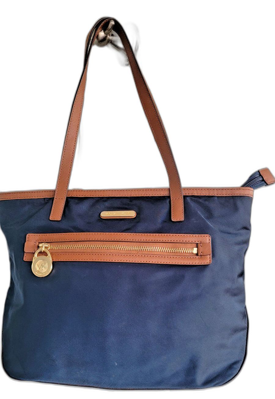 Michael Kors Navy Blue Kempton Shoulder Bag Purse Satchel Brown Nylon Tote